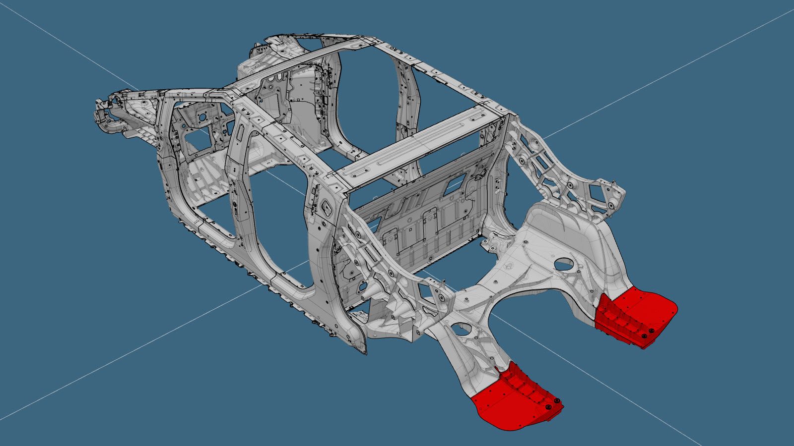 Cybertruck rear casting with rear rail repair casting (red part)